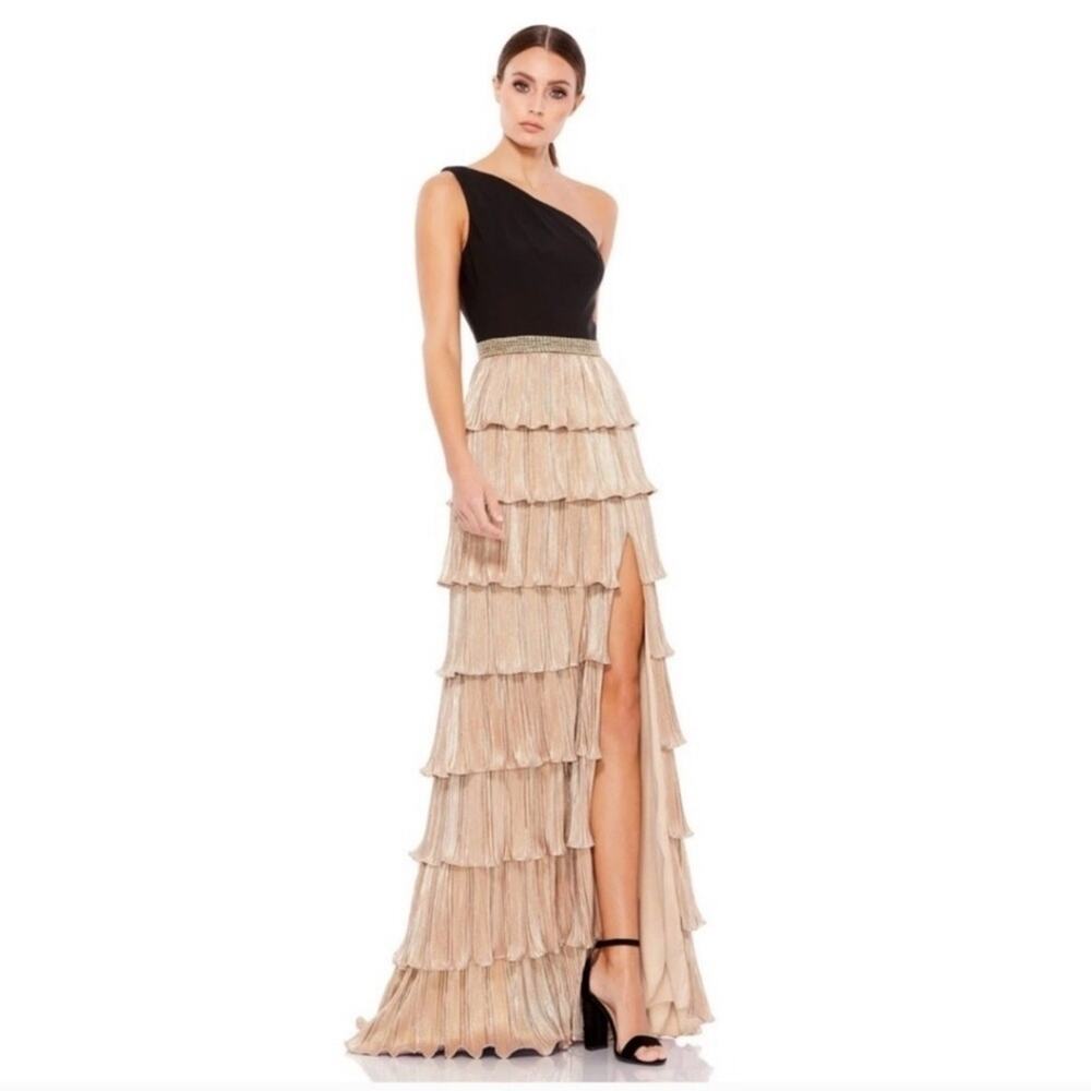 Ienna For MAC DUGGAL 26541 ONE SHOULDER LAYERED METALLIC RUFFLE GOWN Size 2